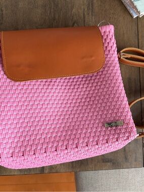Pink Woven Crossbody Bag with Tan Leather Trim